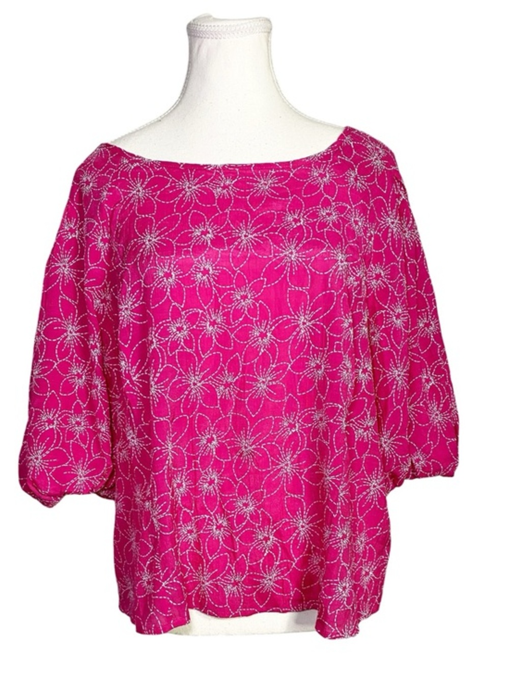 Kate Park XL Hot Pink Floral Embroidered Balloon Sleeve Keyhole Boho Blouse